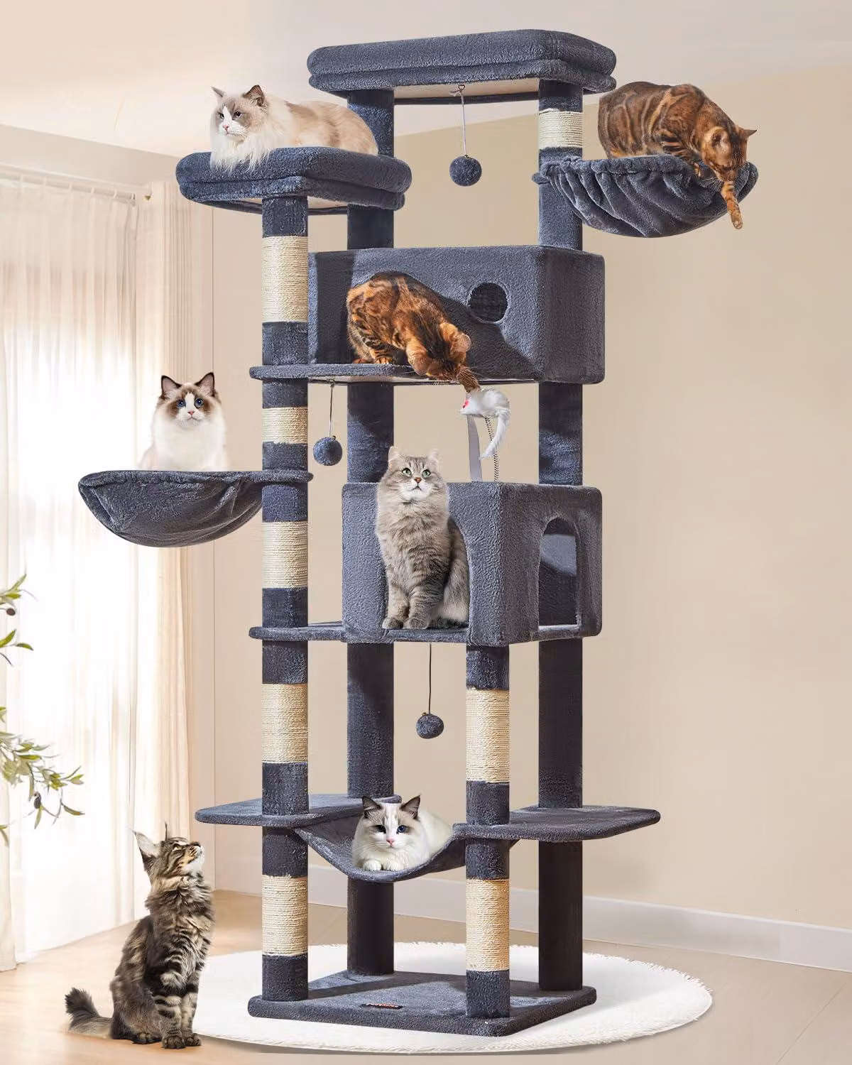Albero per gatti Kratzbaum XXL, 193 cm di altezza, con 7 pali per graffiare, 2 tane, 2 ceste, un'amaca, palline di peluche, ideale per gatti di grossa taglia