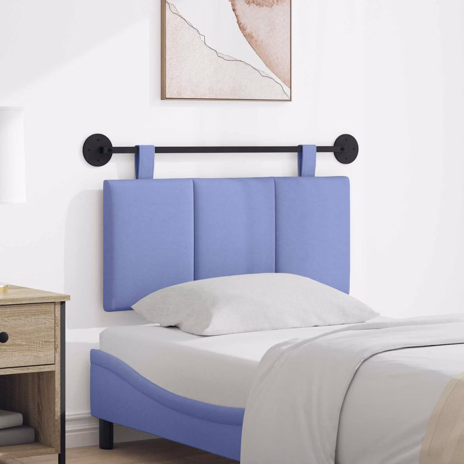 Testiera per letto sospesa vidaXL in tessuto blu con pannello imbottito e struttura in legno e metallo L: 90 cm, H: 55 cm, P: 5 cm