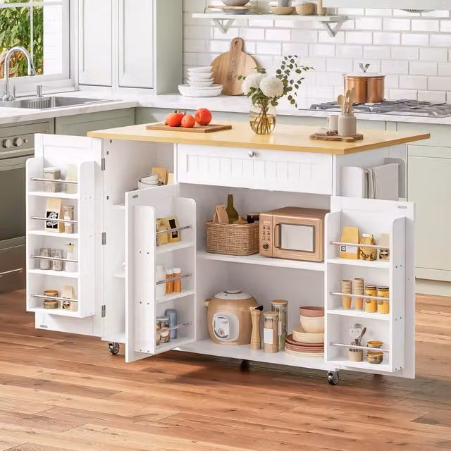Isola cucina mobile con piano pieghevole in MDF; ruote bloccabili; cassetto e armadietto; bianca e naturale; 120 x 45-70 x 92 cm