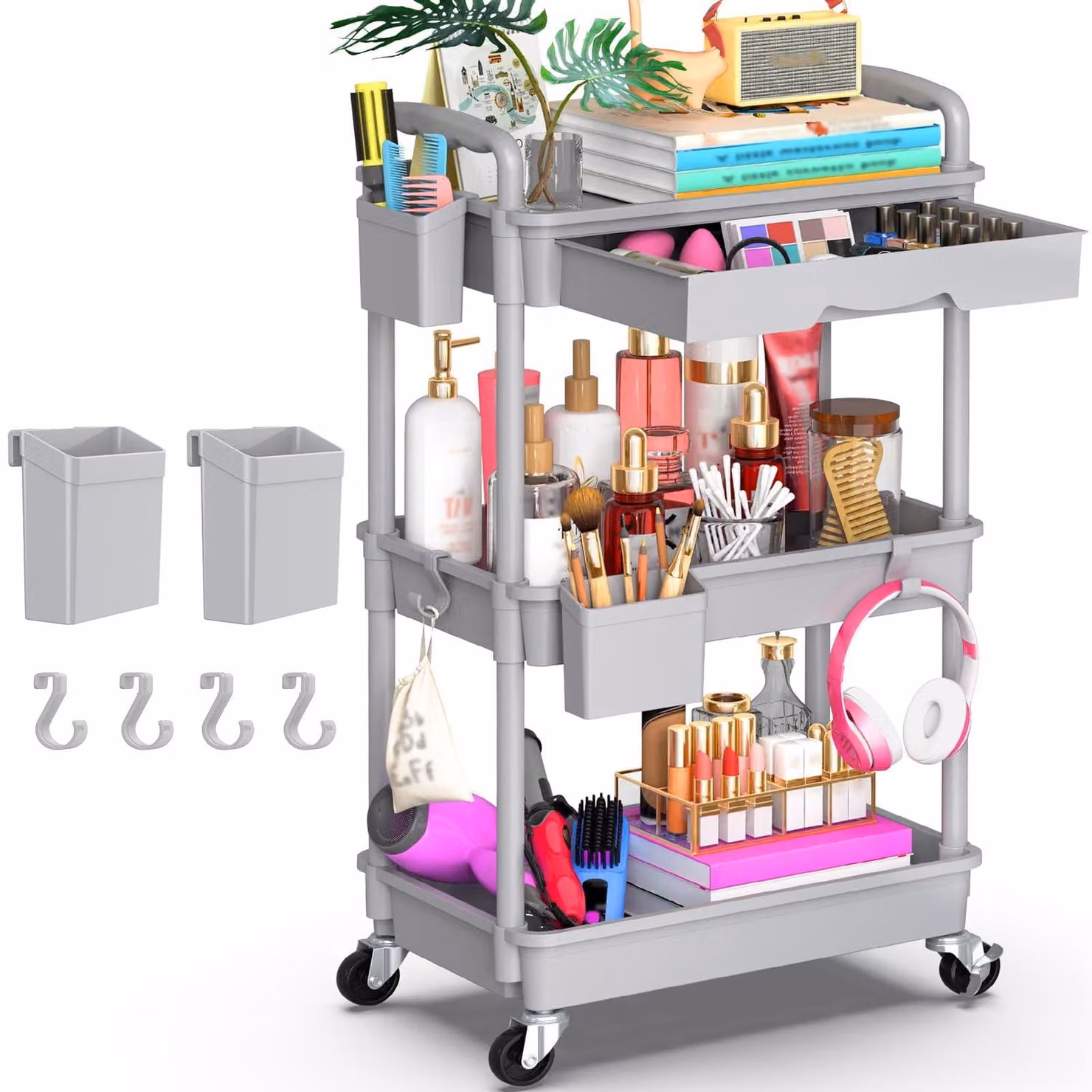 Carrello portaoggetti a 3 ripiani con cassetto, carrello multifunzionale con piano in plastica e ruote bloccabili