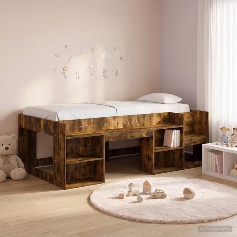 Letto singolo rialzato per bambini vidaXL con scale e scomparti laterali, colore marrone, L/P/H: 200 x 120 x 165 cm
