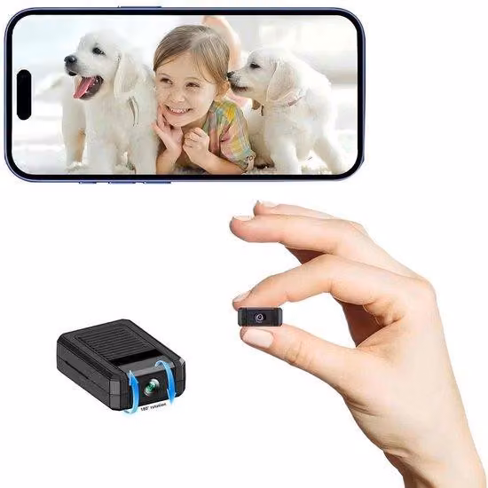Mini telecamera Wi-Fi 4K con obiettivo rotante a 180°, compatibile con il monitoraggio remoto tramite app e la modalità notturna.