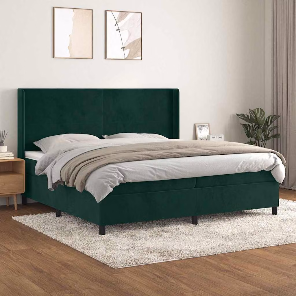 vidaXL Giroletto a Molle Ibrido con Materasso in Velluto Verde Scuro e Bianco L/P: 200 x 200 cm