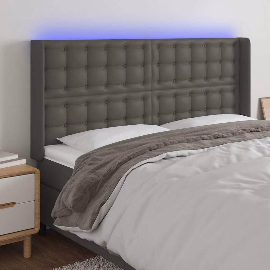 Testiera per letto vidaXL in similpelle grigia con illuminazione LED e porta di ricarica USB, L 147 cm, P 16 cm, H 118/128 cm