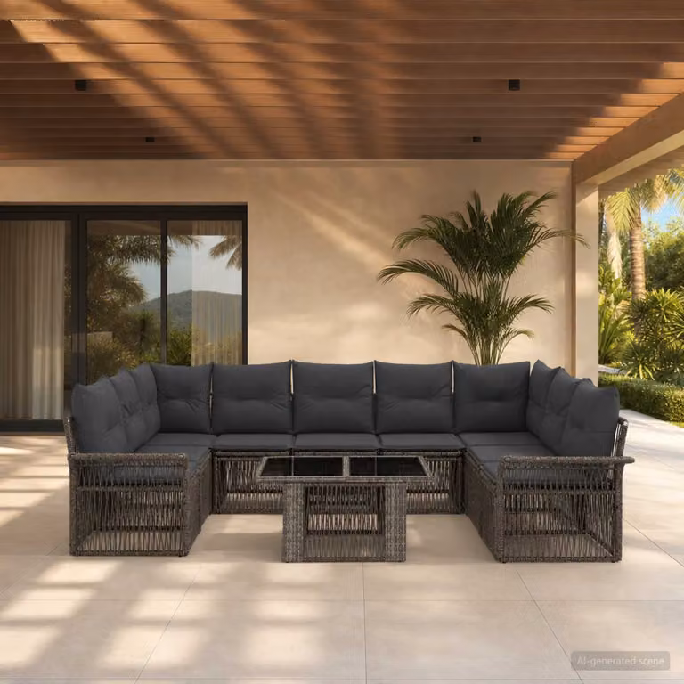 Set Divano da Giardino vidaXL 10 Pezzi a Forma di U in Polyrattan Grigio e Antracite con Tavolino e Cuscini