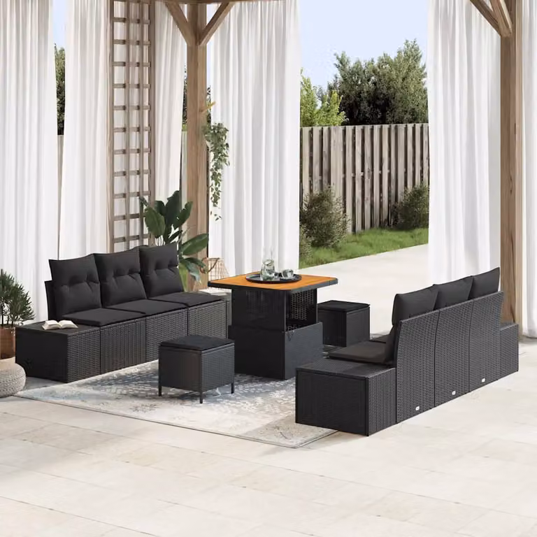 Set Divano da Giardino vidaXL 9 Pezzi Nero con Cuscini e Tavolino in Rattan e Acciaio