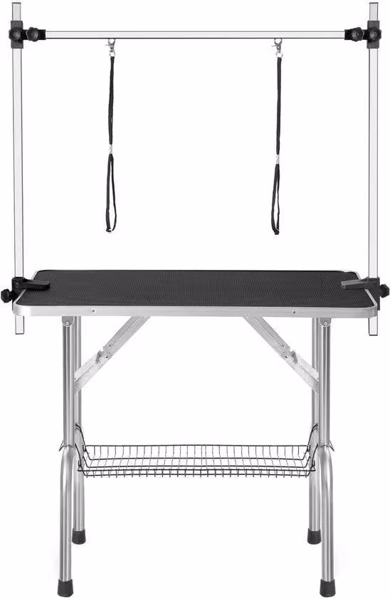 Tavolo pieghevole per la cura degli animali domestici, completo di cinghie di fissaggio e ripiano portaoggetti, realizzato in MDF e acciaio inossidabile, dimensioni 90x60x76 cm, colore nero