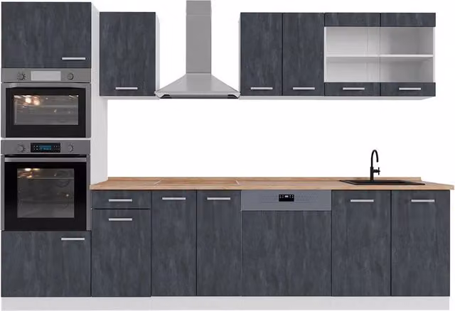 Cucina componibile moderna R-Line Vicco, colore Calce nera e Bianco con finitura Rovere, L: 300 cm – 1