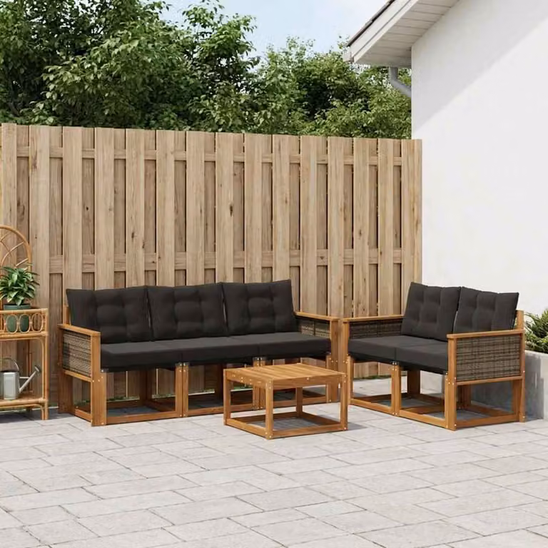 Set di divani da esterno vidaXL 6 pezzi in legno di acacia con tavolo da caffè e cuscini, colore marrone e nero