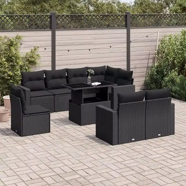 Set di Divani da Giardino vidaXL 9 Pezzi con Cuscini e Tavolino Nero in Polyrattan e Metallo con Design a L per Terrazza e Giardino – 1
