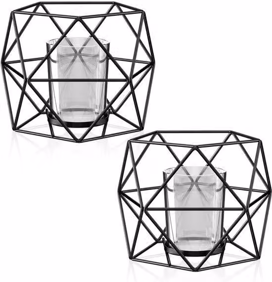Set da 2 portacandele Gvolatee in metallo, nero, candelieri vintage geometrici, lanterne in ferro cavo, portacandele a colonna per decorazioni da tavola, feste, matrimoni, soggiorno