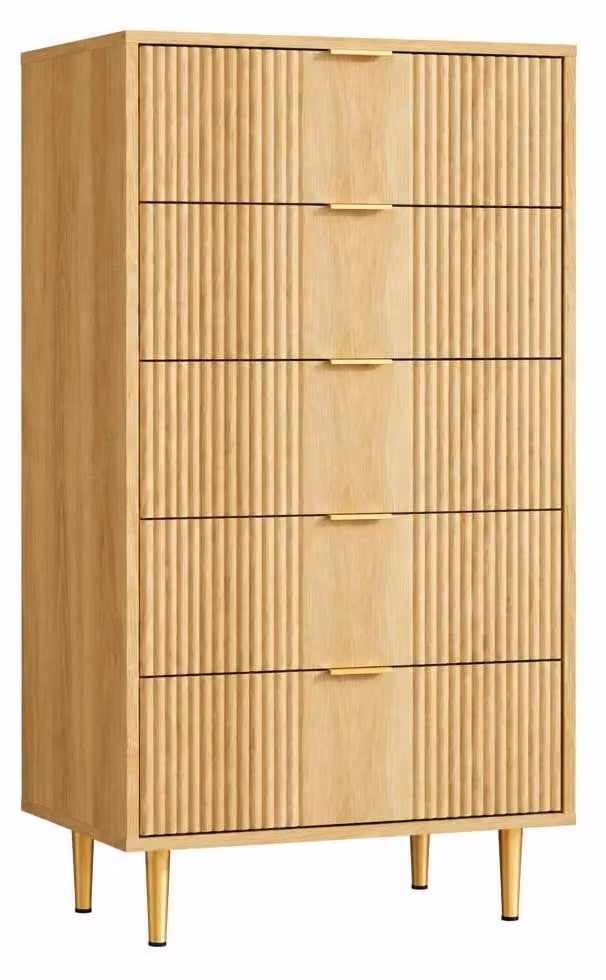 Set di 2 comodini con 5 cassetti, bordi arrotondati, mobiletto alto, finitura noce naturale