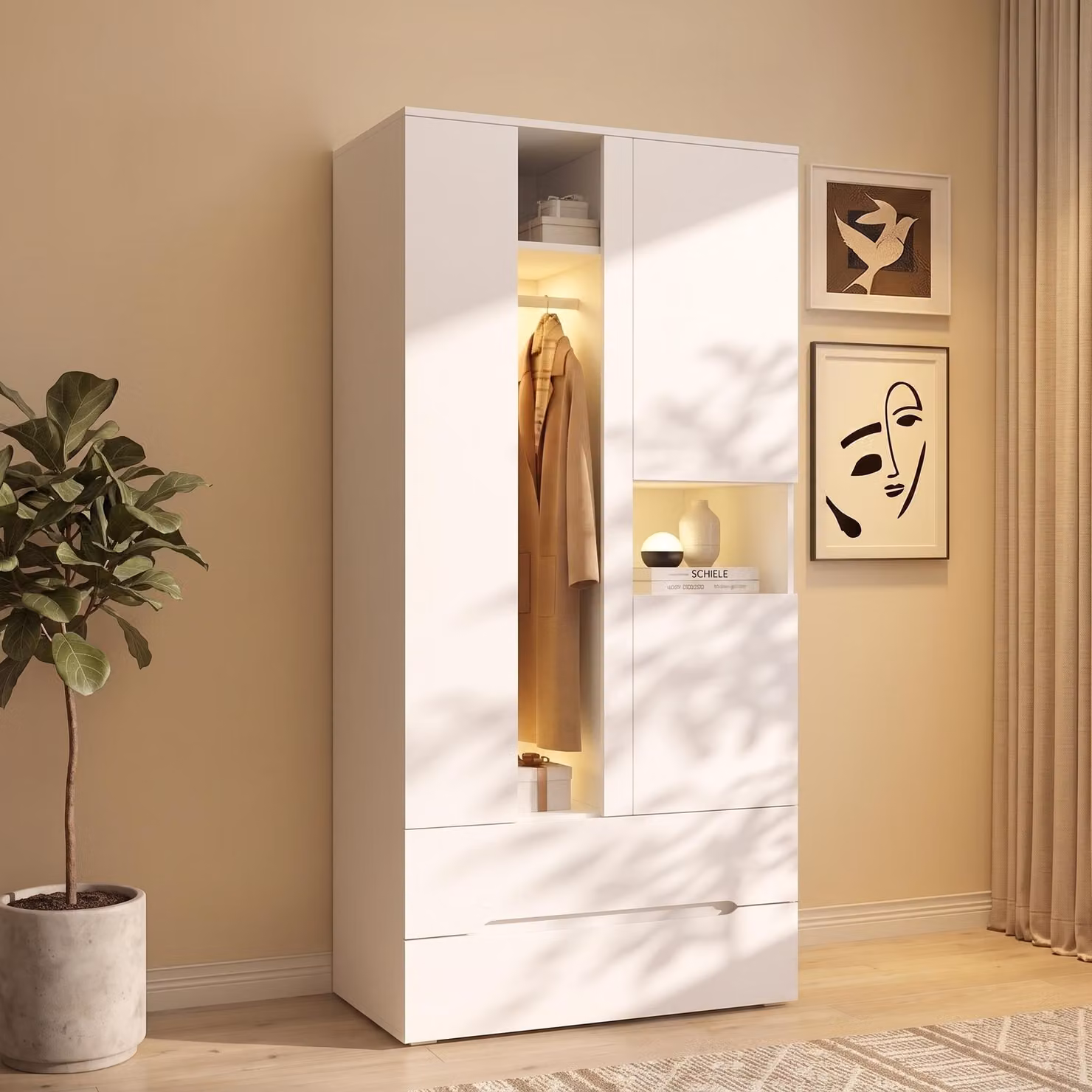 Armadio Flieks con asta appendiabiti, cabodino con illuminazione a LED e cassetti, mobile alto con vani portaoggetti, dimensioni 90 x 50 x 200 cm, colore bianco, materiali: legno e vetro