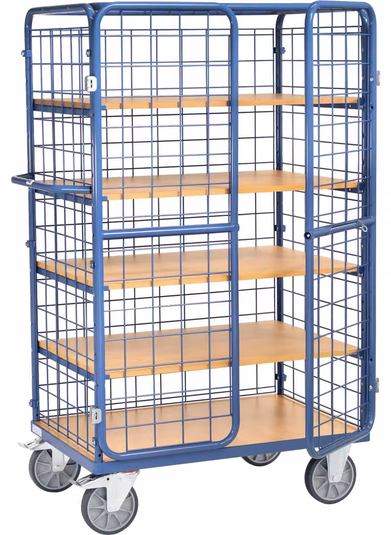 Carrello portapacchi Fetra con 3 pareti, porta e tetto in rete metallica incl. 4 ripiani Altezza 1800mm 1000x700mm