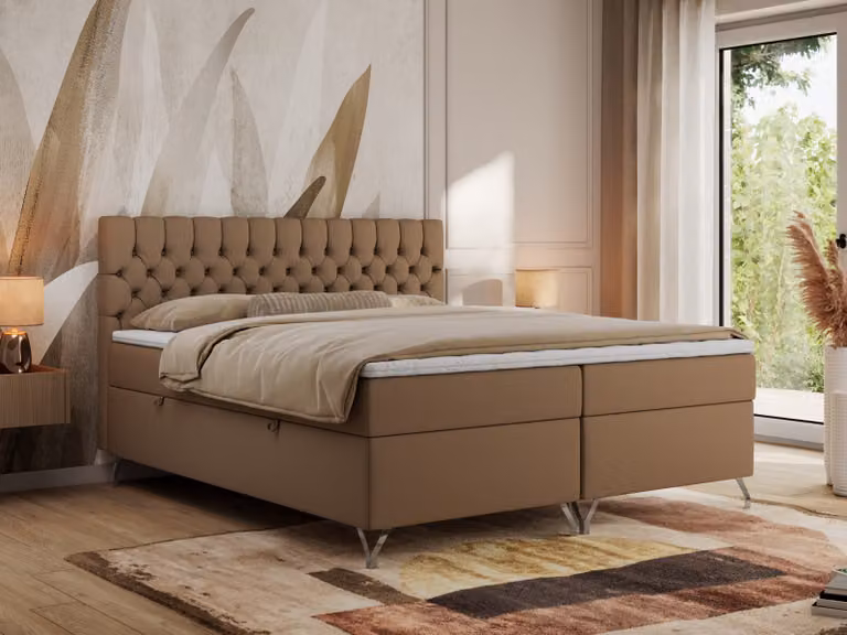 Letto con rete a molle MKS MEBLE, 140x200, letto 140x200 con materasso H4, letto con rete a molle 140x200 con contenitore e topper, letto imbottito 140x200, gambe - GRIMALDI - 140x200 - Marrone, ecopelle - H4