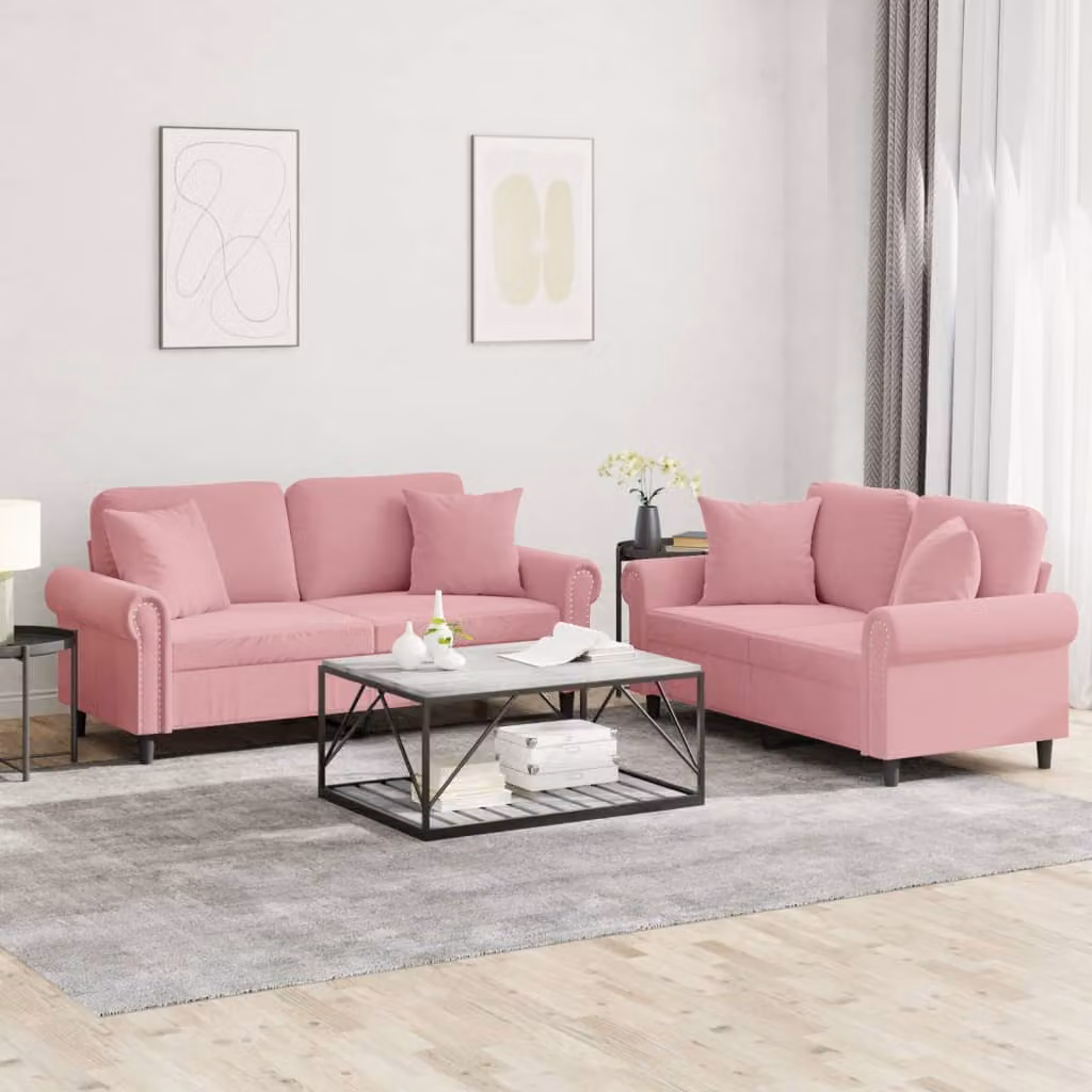 vidaXL Set di 2 Divani Moderni in Velluto Rosa con Cuscini – 1