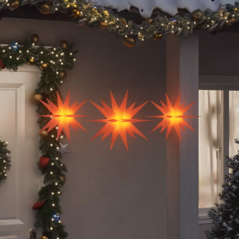 Set di 3 decorazioni natalizie a forma di stella con LED di vidaXL, colore rosso e luce bianco caldo, pieghevoli e con timer