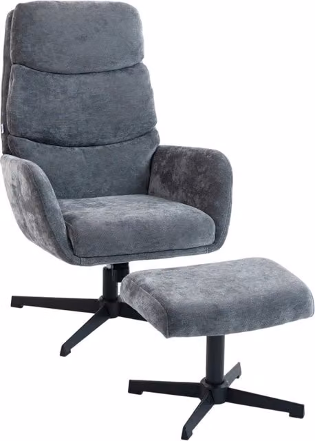 Poltrona imbottita con poggiapiedi, poltrona lounge con schienale alto, base in metallo, per soggiorno, camera da letto, grigia