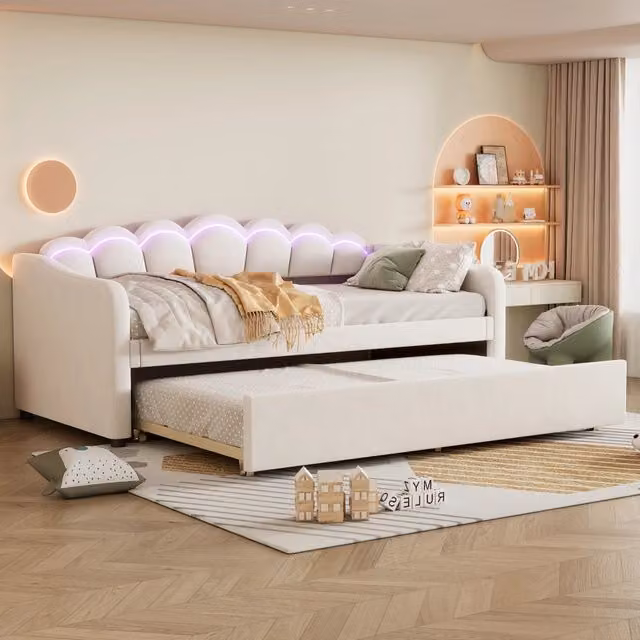 Letto singolo 90x200 cm in velluto beige con letto estraibile e luce LED