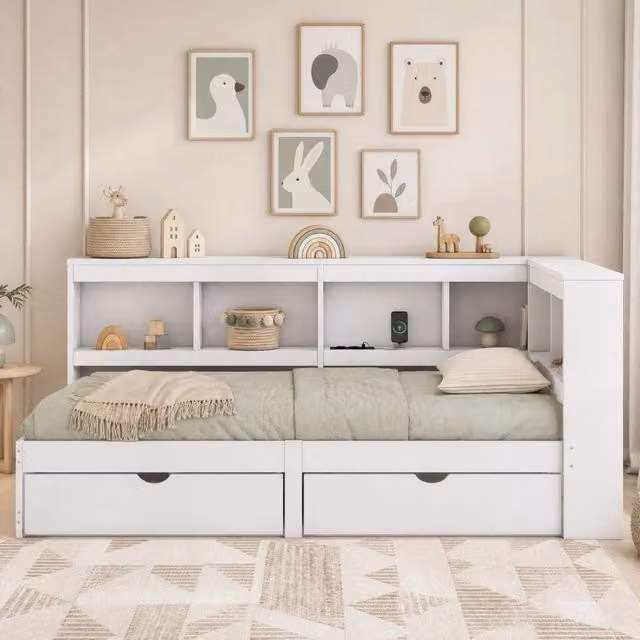 Letto Mivray con cassetti e porte USB, colore bianco, L/P/H: 90 x 200 x 120 cm