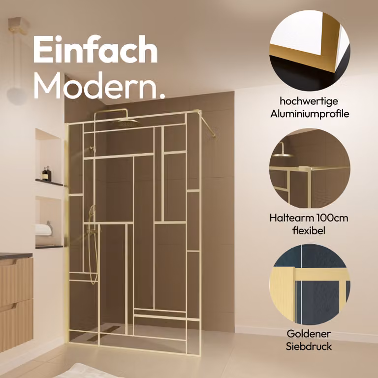 Schermo doccia oro Marwell Walk In Shower Gallery 120x195 cm - Schermo doccia in vetro temperato da 5 mm - Cabina doccia con serigrafia dorata