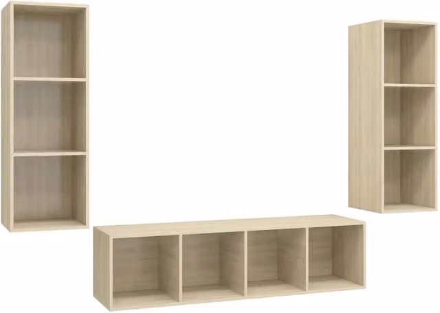 Set di 3 pezzi Mobile Porta TV Moderno in Truciolato Rovere Sonoma, Colore Marrone e Beige, Montaggio a Parete – 1