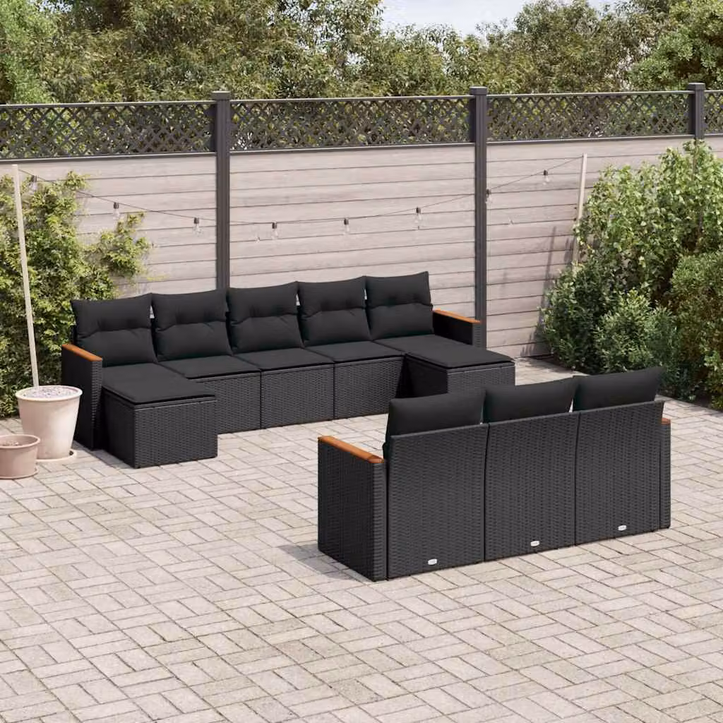 Set Divani da Giardino vidaXL a Forma a U in Polyrattan Nero con Cuscini e Ottoman – 1