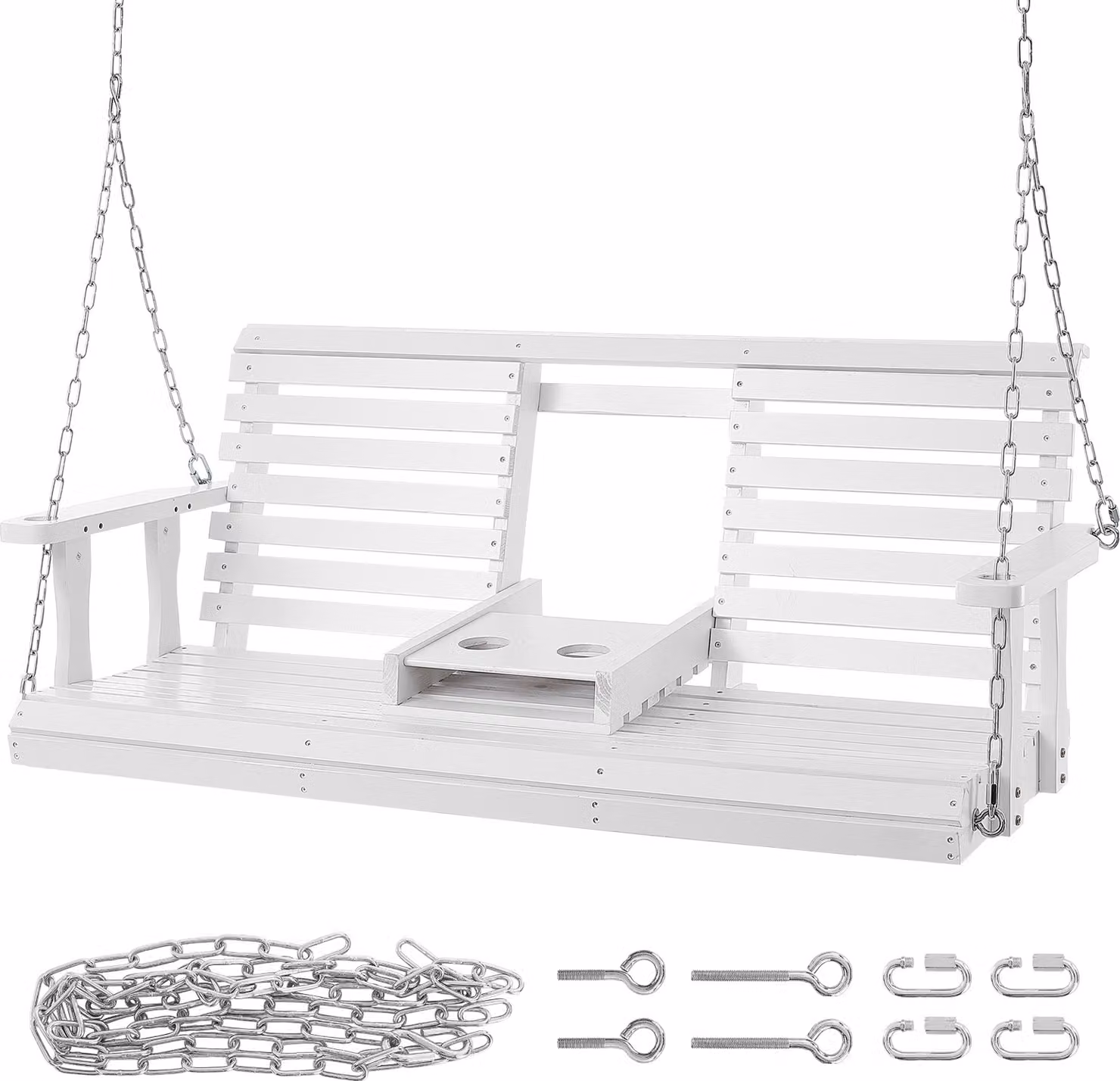 SucceBuy Dondolo in legno per veranda da 5 piedi, robusta panca da giardino, portata 400 kg, dondolo da esterno con catene in acciaio, bianco