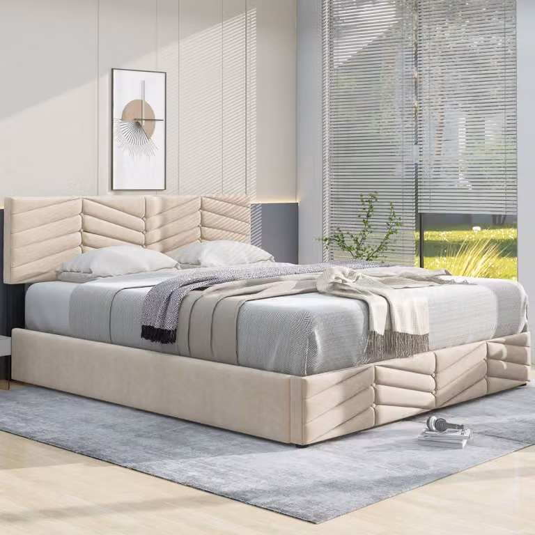 Letto imbottito 140x190 cm - Con rete a listelli e testiera regolabile - In velluto