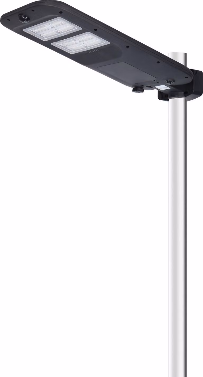 Lampada stradale solare GALIX G2614 con sensore di movimento, 2000 lumen, angolo di illuminazione di 135°, telecomando, grado di protezione IP65, adatta per montaggio su palo o a parete