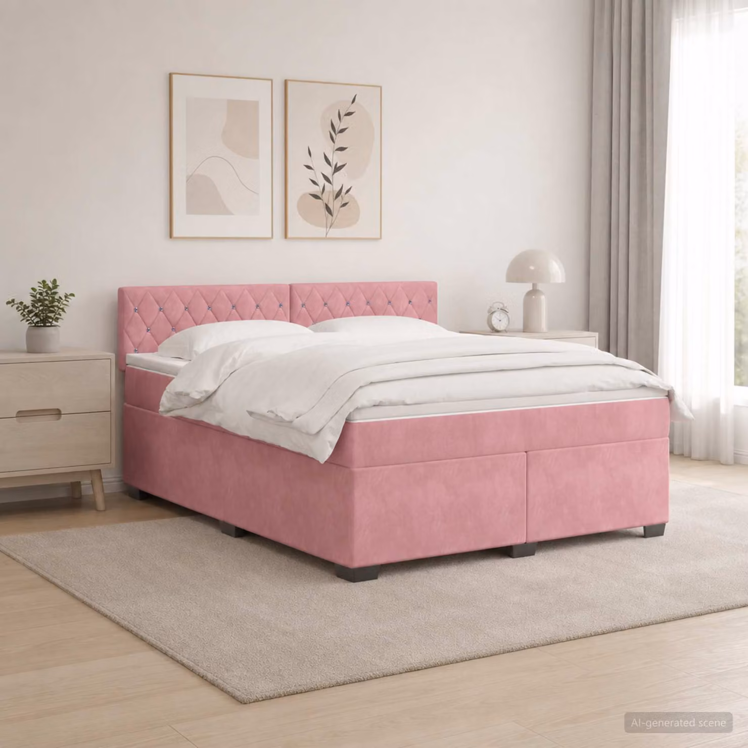 Letto con Box Spring vidaXL in Velluto Rosa con Materasso, Illuminazione LED e Porte USB, L/P: 140 x 200 cm