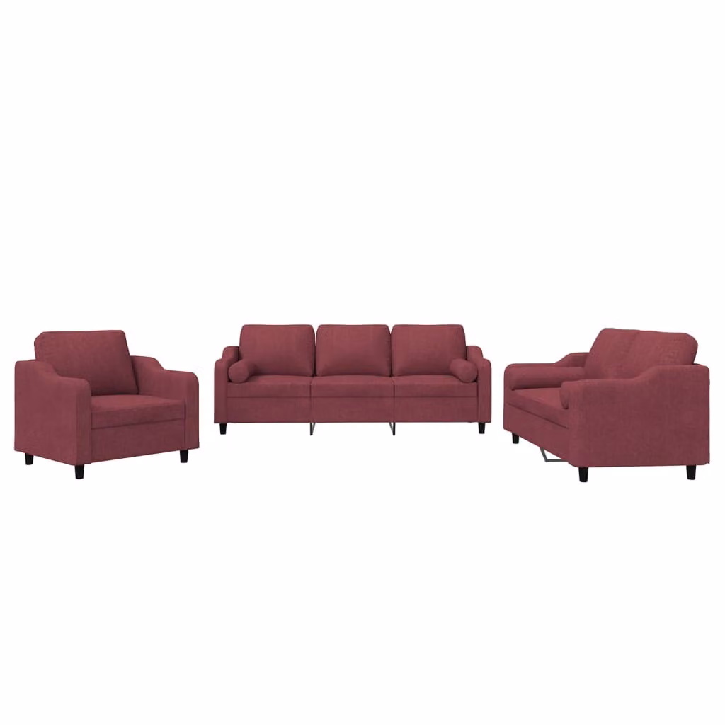 SYFAX™ Set di Divani 3 pz con Cuscini Rosso Vino in Tessuto