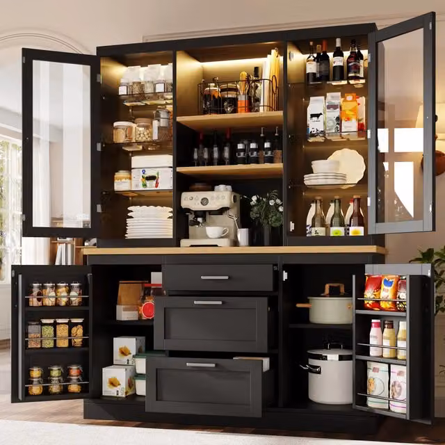 Credenza alta da cucina con 3 cassetti, ripiani regolabili e LED RGB, per cucina e soggiorno, nero, 140 × 40 × 185 cm