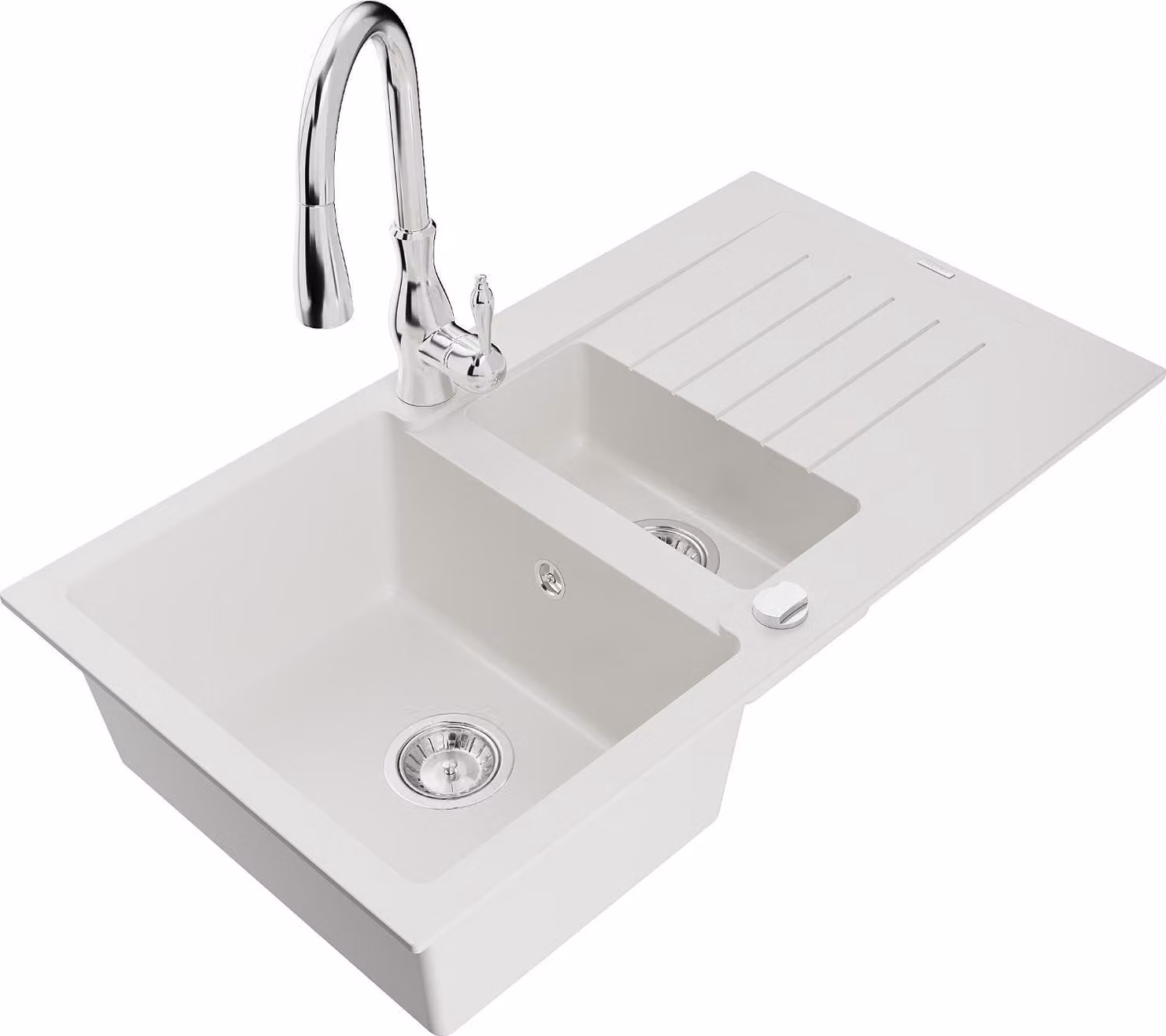 Mexen Matias lavello in granito 1,5 vasche con scolapiatti e rubinetto cucina Savita, bianco - 6502-20-672601-00