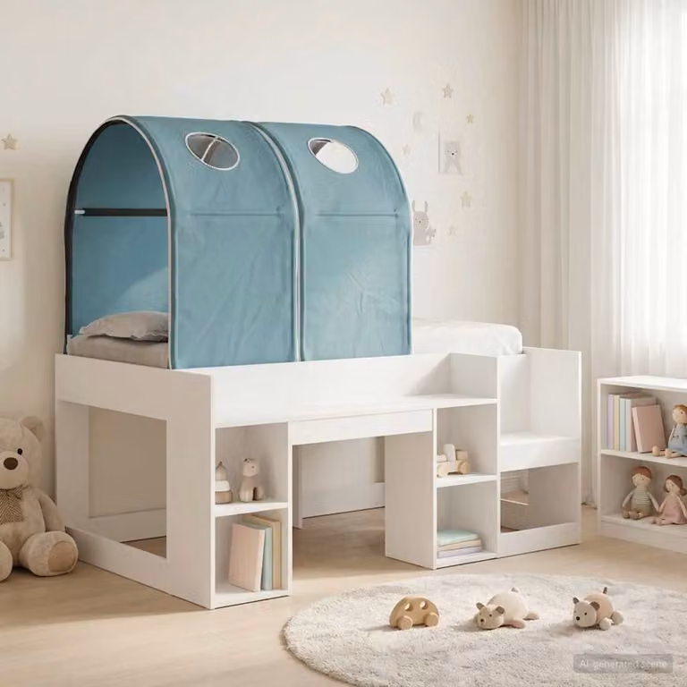 vidaXL Letto per bambini con tunnel in 3 pezzi, Bianco e azzurro, in legno ingegnerizzato e microfibra, L: 120 cm, H: 163 cm, P: 108,5 cm