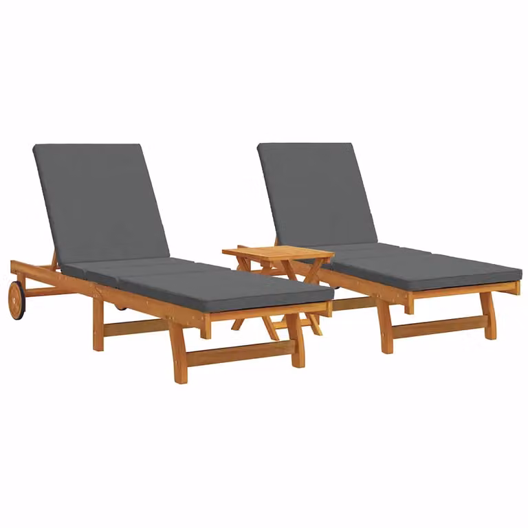 Set di 3 lettini da sole vidaXL in legno di acacia con materassini grigi e marroni, dotati di poggiatesta regolabile e ruote per giardino e terrazza