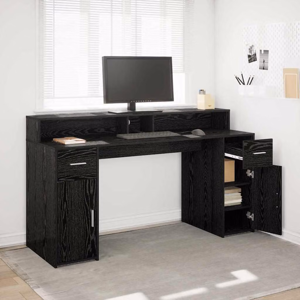 Scrivania - Arredo per l'ufficio - Scrivania per computer - Scrivania per laptop - Scrivania da studio - Impiallacciatura in rovere nero - Illuminazione LED RGB