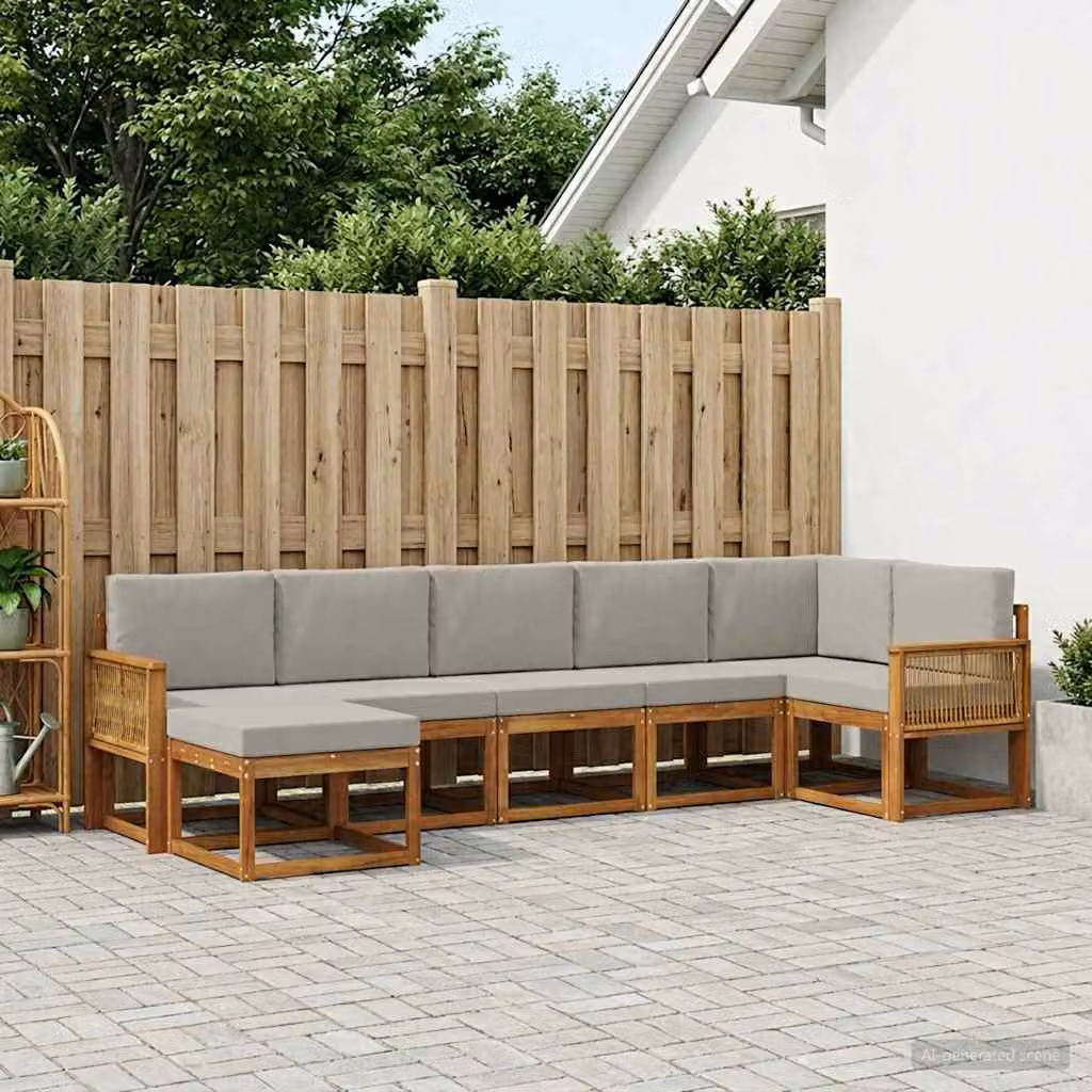 Set di divani da esterno vidaXL 7 pz in legno di acacia con cuscini, colore marrone e grigio chiaro