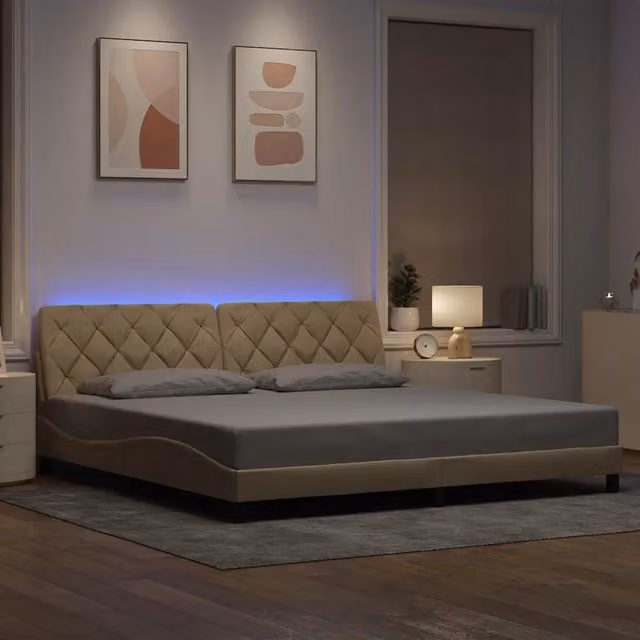 Letto contenitore vidaXL con illuminazione LED e porta USB in tessuto beige L/P/H: 200 x 200 x 218 cm