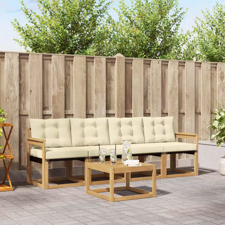 Set di divani da esterno vidaXL 5 pezzi in legno di acacia con tavolino e cuscini, Bianco, Beige e Marrone