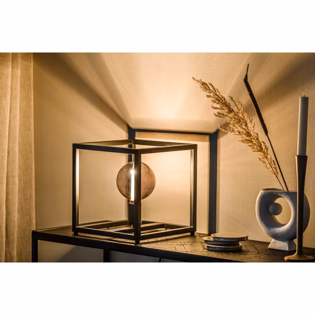 Lampada da tavolo a cubo Vikasa Home B.V. in metallo e vetro nero, Altezza: 28 cm – 2