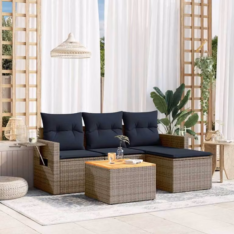 Set di divani da giardino vidaXL in polyrattan grigio con cuscini e tavolino da esterno a forma di L