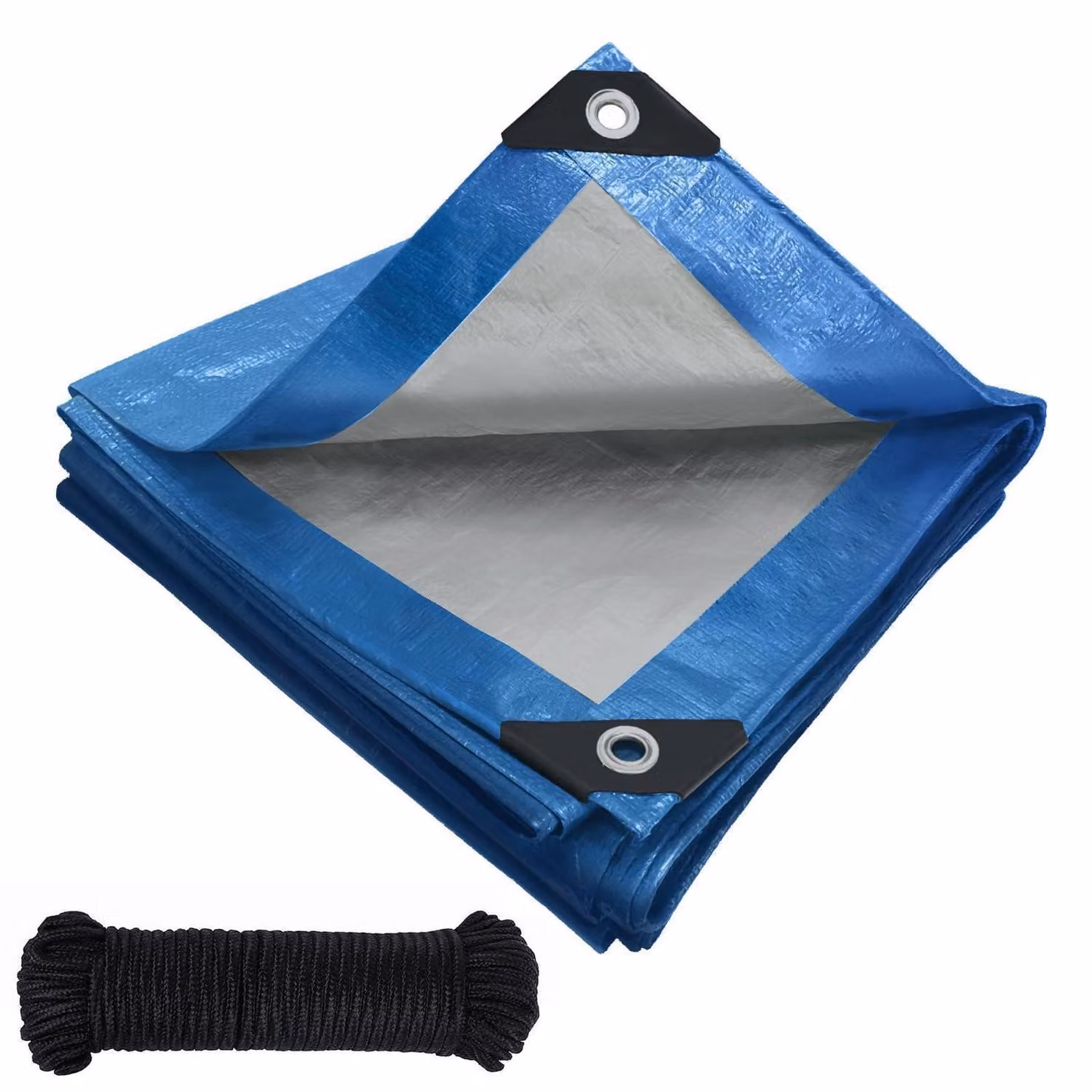 Telo di copertura impermeabile con occhielli, realizzato in tessuto PE da 120 g/m², dimensioni 6m x 8m, colore blu-argento