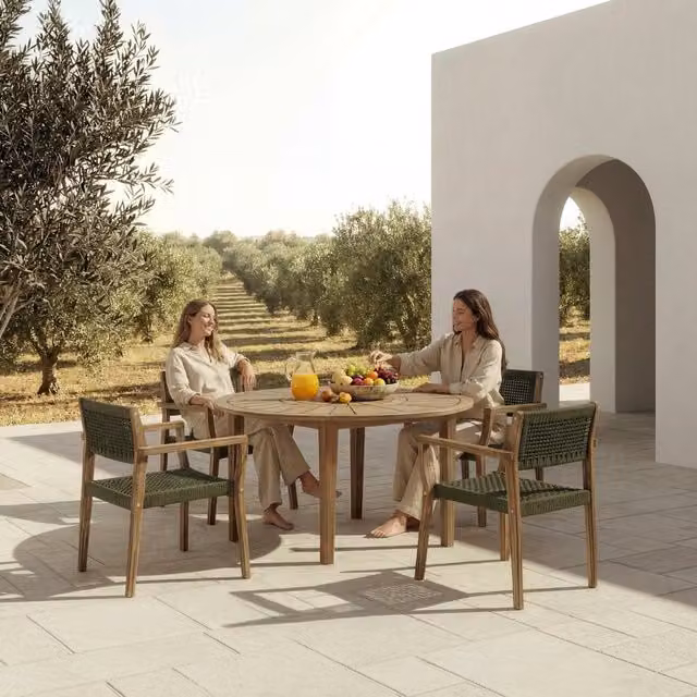 Set da giardino Banak composto da tavolo rotondo e 4 sedie in legno di acacia verde e beige