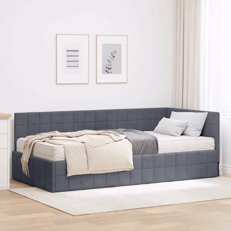 vidaXL Letto Angolare Moderno con 2 Materassi in Schiuma, Rivestimento in Velluto Grigio, L/P/H: 90 x 200 x 72 cm