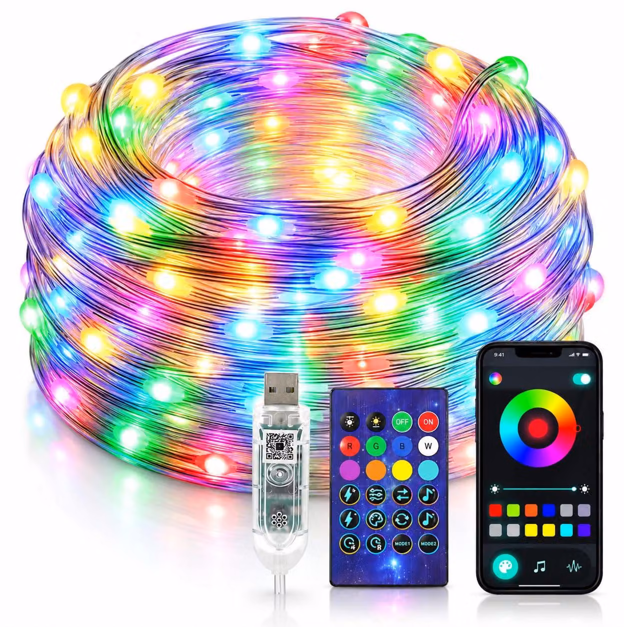 Catena luminosa da 10 metri, 100 LED RGB, alimentazione tramite USB, controllo tramite app e telecomando