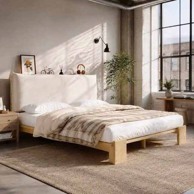 Letto singolo imbottito MODFU in legno di pino e tessuto, colore beige o bianco, L/P/H: 140 x 200 x 208 cm
