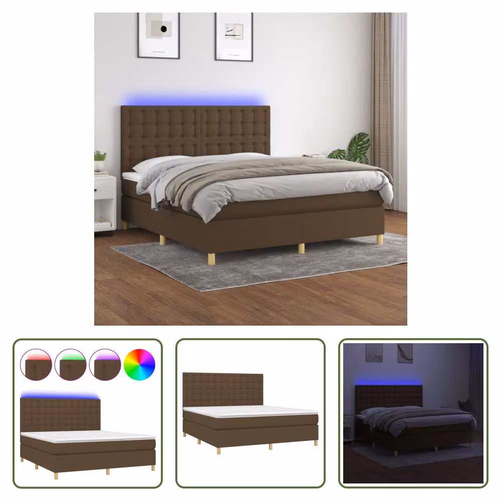 The Living Store Letto a molle con materasso e LED in tessuto marrone scuro 160x200 cm