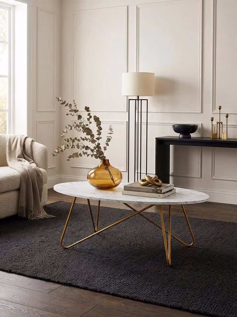 Tavolino da salotto 120x40x60 cm con effetto marmo bianco, tavolino da salotto con struttura in metallo, tavolino da divano ovale, tavolino da salotto, tavolino da salotto