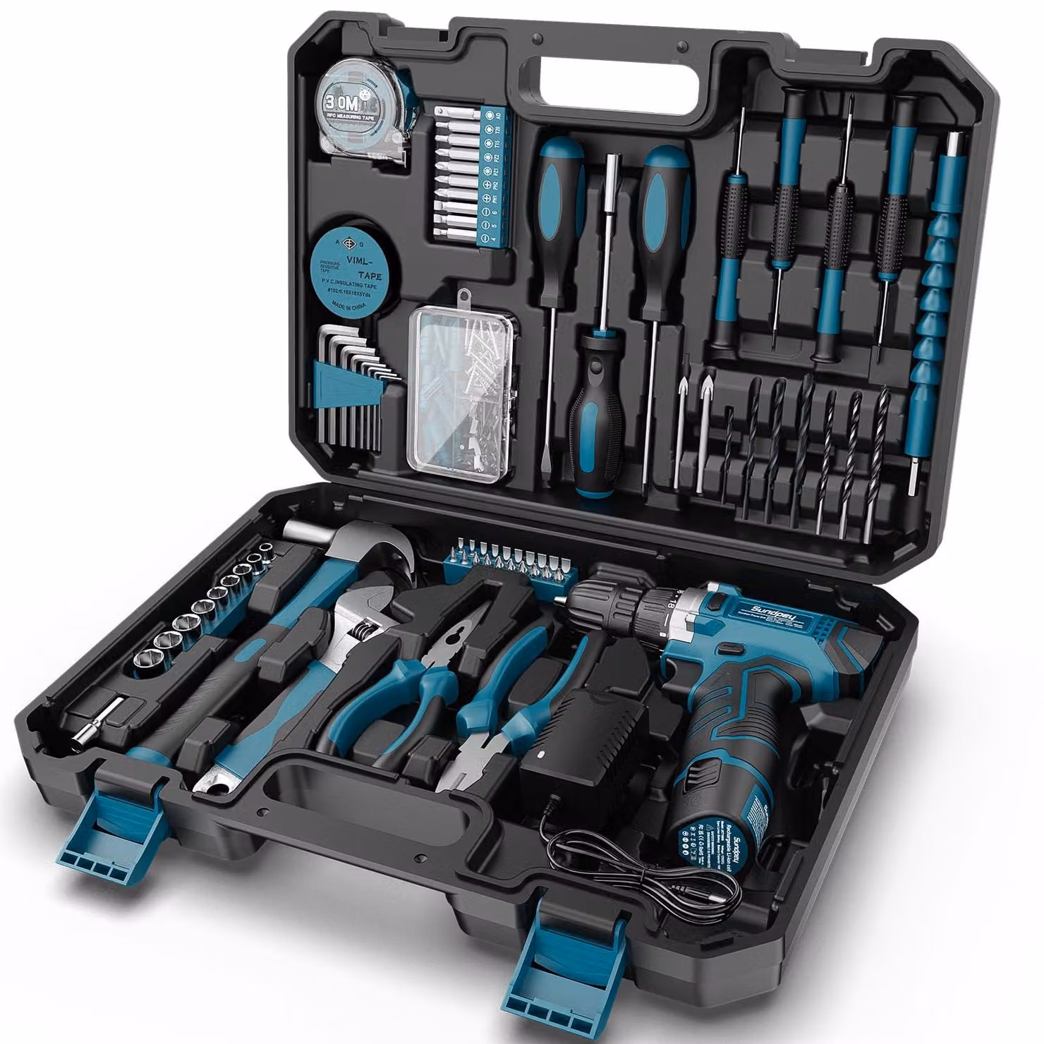 Cassetta degli attrezzi, set completo di 206 pezzi - Avvitatore a batteria da 12 V - 42 cm